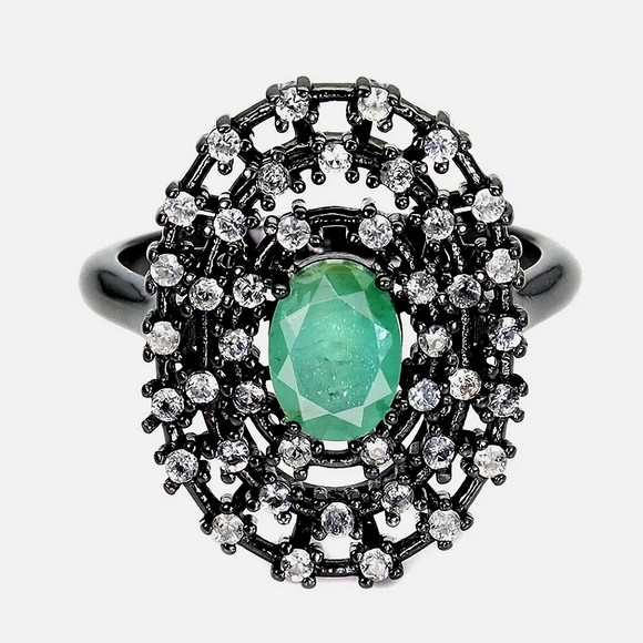 Natural Green Emerald 7x5mm White Topaz 925 Sterling Silver Ring Size 6.… - Picture 1 of 7